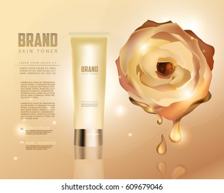 Skin toner contained in tube on golden background with rose. 3D vector illustration. Skin toner ads template. Make-up, clean skin concept.