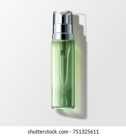 Skin Toner Mockup, Blank Spray Bottle With Liquid Isolated On Grey Background In 3d Illustration, Top View