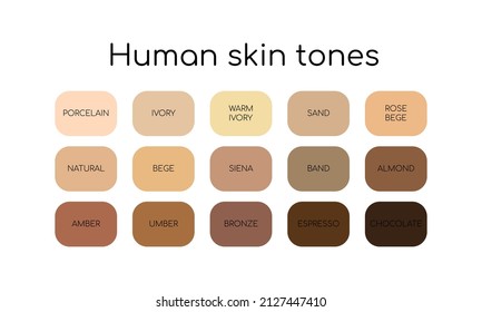 Skin Tones Palette By Name. Different Types Human Skin. Flat Icon Set. Vector  