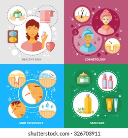 Skin treatment concept icons set with healthy skin and cosmetology symbols flat isolated vector illustration 