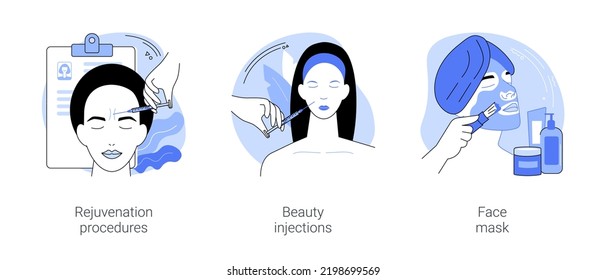 Skin treatment isolated cartoon vector illustrations set. Professional cosmetologists makes beauty injection to woman, skin fillers, face rejuvenation procedure, chemical peel mask vector cartoon.