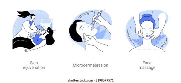 Skin Treatment Isolated Cartoon Vector Illustrations Set. Laser Therapy For Facial Skin Rejuvenation, Cosmetologist Makes Microdermabrasion Procedure, Woman Having Facial Massage Vector Cartoon.