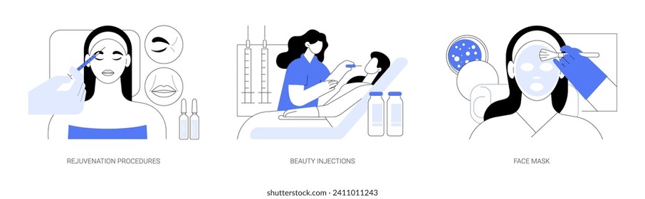 Skin treatment isolated cartoon vector illustrations set. Professional cosmetologists makes beauty injection to woman, skin fillers, face rejuvenation procedure, chemical peel mask vector cartoon.