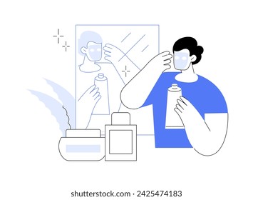 Skin treatment isolated cartoon vector illustrations. Young man applying facial mask and looking in mirror, appearance care, skin treatment at home, beauty procedures vector cartoon.