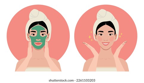 Skin treatment steps vector cartoon illustration. Young beautiful asian woman applying a mask in her bathroom. Girl with hair wrapped in a towel takes care of her skin. Cosmetology clip art.  