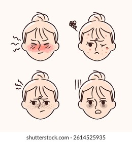 Skin trouble concept face icon illustration. Acne, redness, freckles, dark circles.