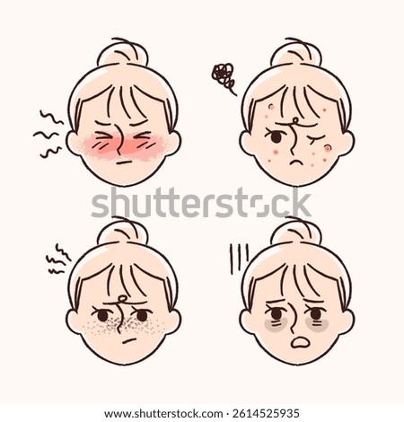 Skin trouble concept face icon illustration. Acne, redness, freckles, dark circles.
