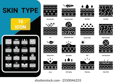 Conjunto de ícones de Tipo de Capa. Coleção Editável De Ícones De Traçado. Inclui pele pilosa, pele normal, pele oleosa, spf, uv e muito mais. Contornar coleção de vetores de ícones.