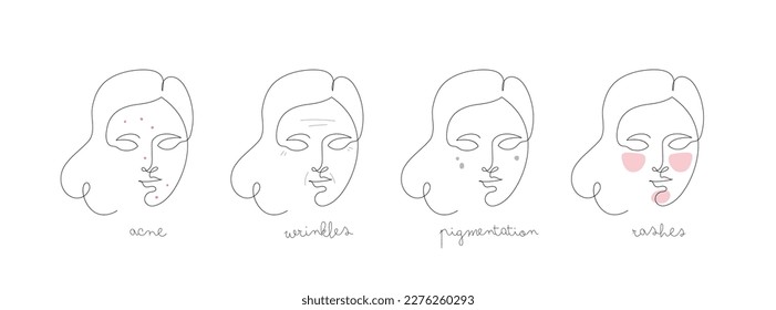 Skin type infographic. Vector one line modern illustration set. Female face avatar with acne, wrinkles. pigmentation, rashes problem color symbol isolated on white. Design for skincare, healthcare