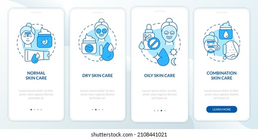 Skin types care blue onboarding mobile app screen. Beauty routine walkthrough 4 steps graphic instructions pages with linear concepts. UI, UX, GUI template. Myriad Pro-Bold, Regular fonts used