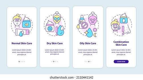 Skin types care onboarding mobile app screen. Beauty tips walkthrough 4 steps graphic instructions pages with linear concepts. UI, UX, GUI template. Myriad Pro-Bold, Regular fonts used