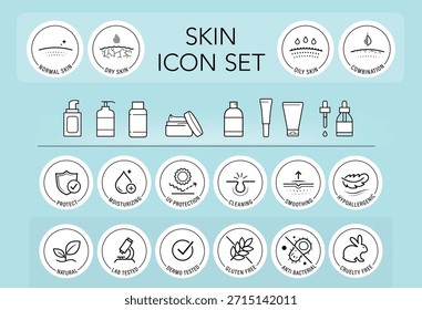 Tipos de pele e conjunto de ícones de cosméticos. Os ícones da estrutura de tópicos são bem escalonáveis e editáveis. Os elementos contrastantes são bons para diferentes planos de fundo. EPS10