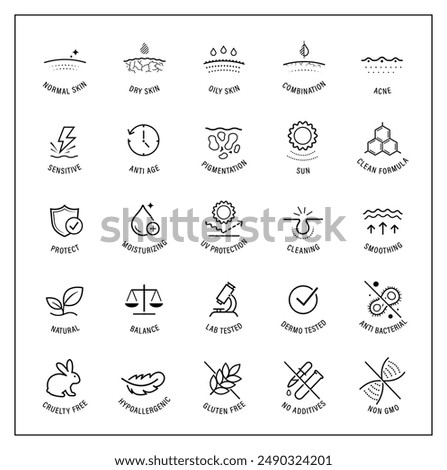 Skin types and cosmetics icon set. The outline icons are well scalable and editable. Contrasting elements are good for different backgrounds. EPS10.