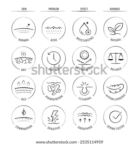 Skin types and cosmetics icon set. The outline icons are well scalable and editable. Contrasting elements are good for different backgrounds. EPS10.	