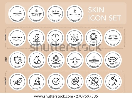 Skin types and cosmetics icon set. The outline icons are well scalable and editable. Contrasting elements are good for different backgrounds. EPS10.