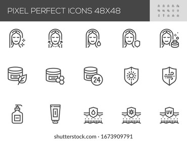 Skin Сare Vector Line Icons. Cosmetology, Moisturizing Cream, Care Dry Skin, Oil, Serum. Editable Stroke. 48x48 Pixel Perfect.