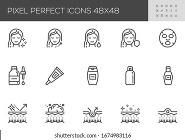 Skin Сare Vector Line Icons. Cosmetology, Hyaluronic Acid, Cosmetic Mask, Pore Cleansing, Acne. Editable Stroke. 48x48 Pixel Perfect.