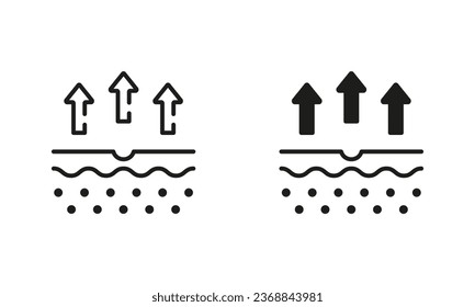 Skin Water Loss Line and Silhouette Black Icon Set. Skin Structure and Arrows Up Moisture Wicking Process Pictogram. Moisture Evaporation of Skin Symbol Collection. Isolated Vector Illustration.