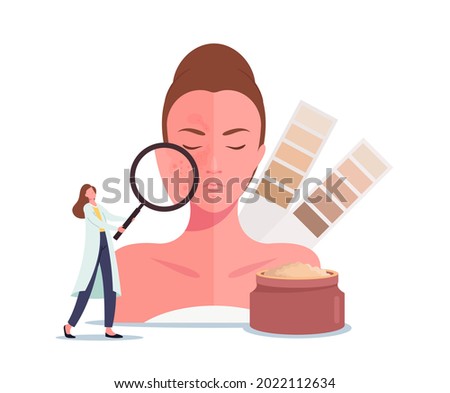 Skin Whitening or Lightening Concept. Tiny Cosmetologist Doctor Character with Huge Magnifying Glass and Color Scale Look on Woman Face with Dark Spots or Freckles. Cartoon People Vector Illustration