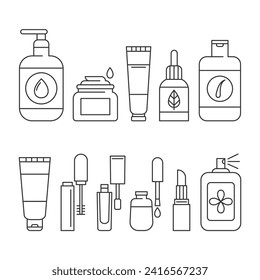 Piel, cuerpo, iconos de la línea de cuidado del cabello.Recopilación de signos de ilustraciones de maquillaje.Varios productos cosméticos diferentes.Empaquetado en diferentes formas para productos de belleza.Accionamiento editable.Ilustración vectorial EPS 10