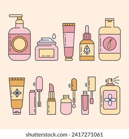 Skin,body,hair care line icons set.Makeup illustration sign collection.Various different cosmetic products. Packaging in different shapes for beauty products. Editable Stroke. Vector illustration EPS 