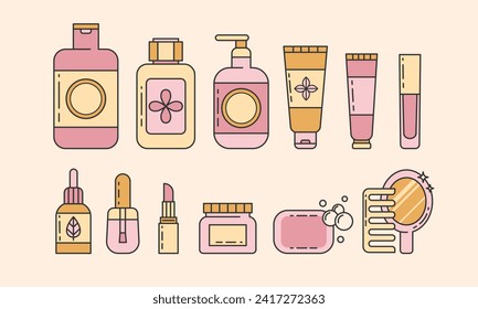 Piel, cuerpo, íconos de la línea de cuidado del pelo conjunto.Recopilación de signos de ilustraciones de maquillaje.Varios productos cosméticos diferentes. Embalaje de diferentes formas para productos de cuidado de la piel. Stroke editable. Ilustración del vector