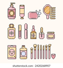 Skin,body,hair care pixel art icons set.Makeup illustration sign collection.Various different cosmetic products. Packaging in different shapes for skincare products. Vector illustration EPS10