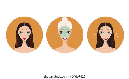 Skincare and acne treatment steps Beautiful young girl applying a mask on face and gets her skin healthy
