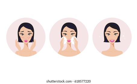 Skincare and acne treatment steps Girl applying face beauty product