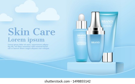 Skincare ad cosmetic set on the box with water current and blue sky