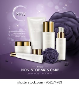 Skincare ads template, white cosmetic container mockup set with purple roses and bokeh background, 3d illustration