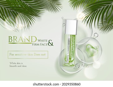 Skincare ads with tropical leaves decoration on green element background in 3d illustration