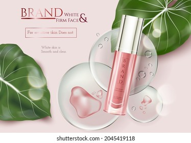 Skincare ads with tropical leaves decoration on pink element background in 3d illustration