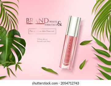 Skincare ads with tropical leaves decoration on pink element background in 3d illustration