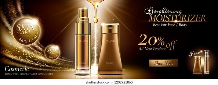 Skincare banner ads in golden color tone and glittering effects in 3d illustration