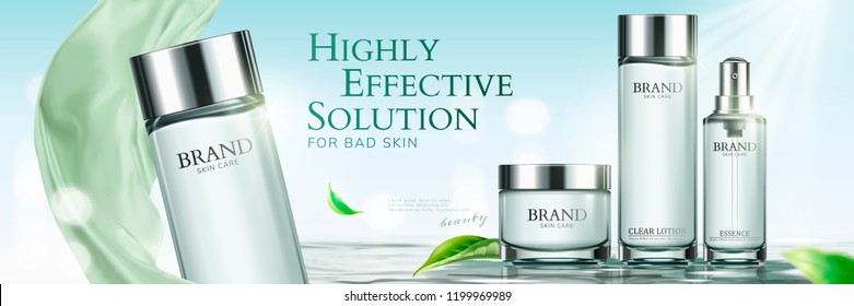 Skincare banner ads with green chiffon and leaves elements in 3d illustration