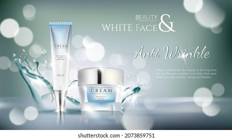 Skincare banner set. Glass bottle package on blue water surface and glitter. Luxurious advertisement, vector illustration.