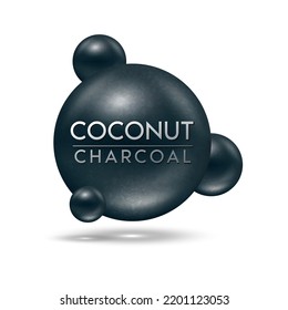 Skincare beauty with collagen and vitamins extract charcoal coconut. Activated charcoal or kaolin black clay 100% pure. Isolated on white background. Used for cosmetic product design. Vector EPS10.