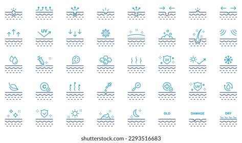 Skincare Beauty Line Icon Set. Dermatology Medical Skin Care Linear Pictogram. Facial Clean Moisture, UV Sunscreen Protect Color Icon. Dry, Damage Skin. Editable Stroke. Isolated Vector Illustration.