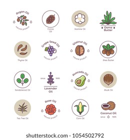 Skincare and beauty organic cosmetics oil vector line emblems and logos. Illustration of natural oil tea tree, coconut and avocado oil