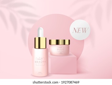 Skincare and beauty products ad with pink and gold bottles and palm leaves shadow background.Minimal trendy realistic design for banner, poster, flyer, sale. Cosmetic 3d Vector illustration background