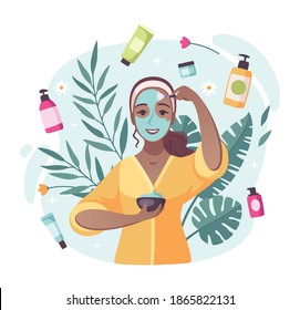 Skincare beauty products cartoon composition with creams moisturizing lotions swirling around applying face mask girl vector illustration 