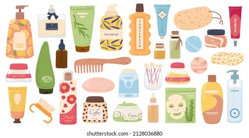 Productos de tocador y belleza, botellas de cosmético, tubos y jarras. Limpiador de dibujos animados, mascarilla facial, crema ocular, conjunto de vectores de productos de autocuidado de higiene. Ilustración de la botella cosmética de belleza