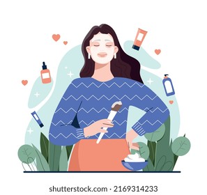 Productos de belleza para el cuidado de la piel. Niña aplica productos cosméticos en su cara con cepillo. Juventud, belleza e higiene. Salud y cuidado de la piel, productos naturales y orgánicos. Dibujo vectorial plano de dibujos animados