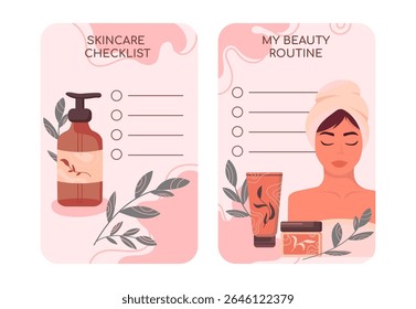 Skincare and Beauty Routine Checklist Cards with Cosmetics and a young woman in a towel. Flat vector illustration of skincare checklist with cosmetic products, planners, self-care content,beauty blogs