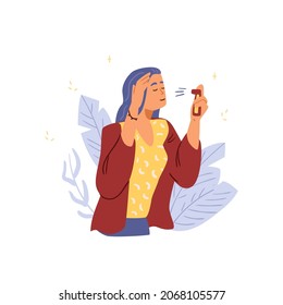 Skincare and beauty routine flat vector illustration. Woman applying  moisturizer facial mist.