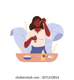 Skincare and beauty routine flat vector illustration.Woman applying facial serum.