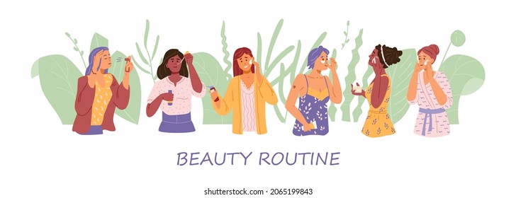 Skincare and beauty routine multyracial women vector banner. Women applying cleansing and moisturizer cosmetic products.