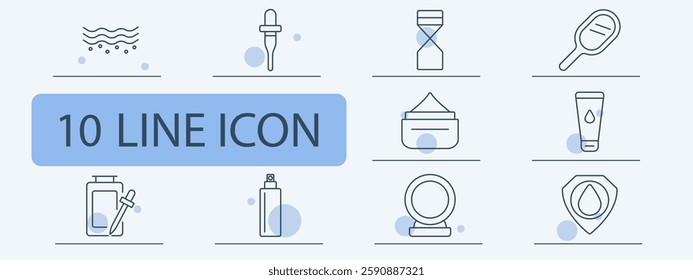 Skincare and beauty set icon. Skin texture, serum, anti-aging, mirror, moisturizer, face cream, hydration, spray, cosmetics, skin protection.