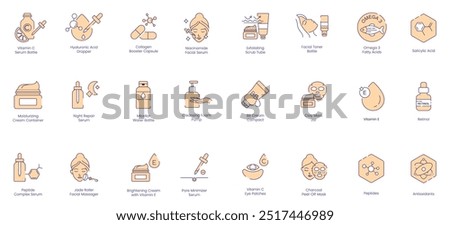 Skincare and Beauty Vector Icon Set with Vitamin C Bottle, Hyaluronic Acid Dropper, Collagen Booster, Niacinamide Serum, Exfoliating Scrub, Facial Toner, Omega 3, Salicylic Acid, Moisturizing Cream